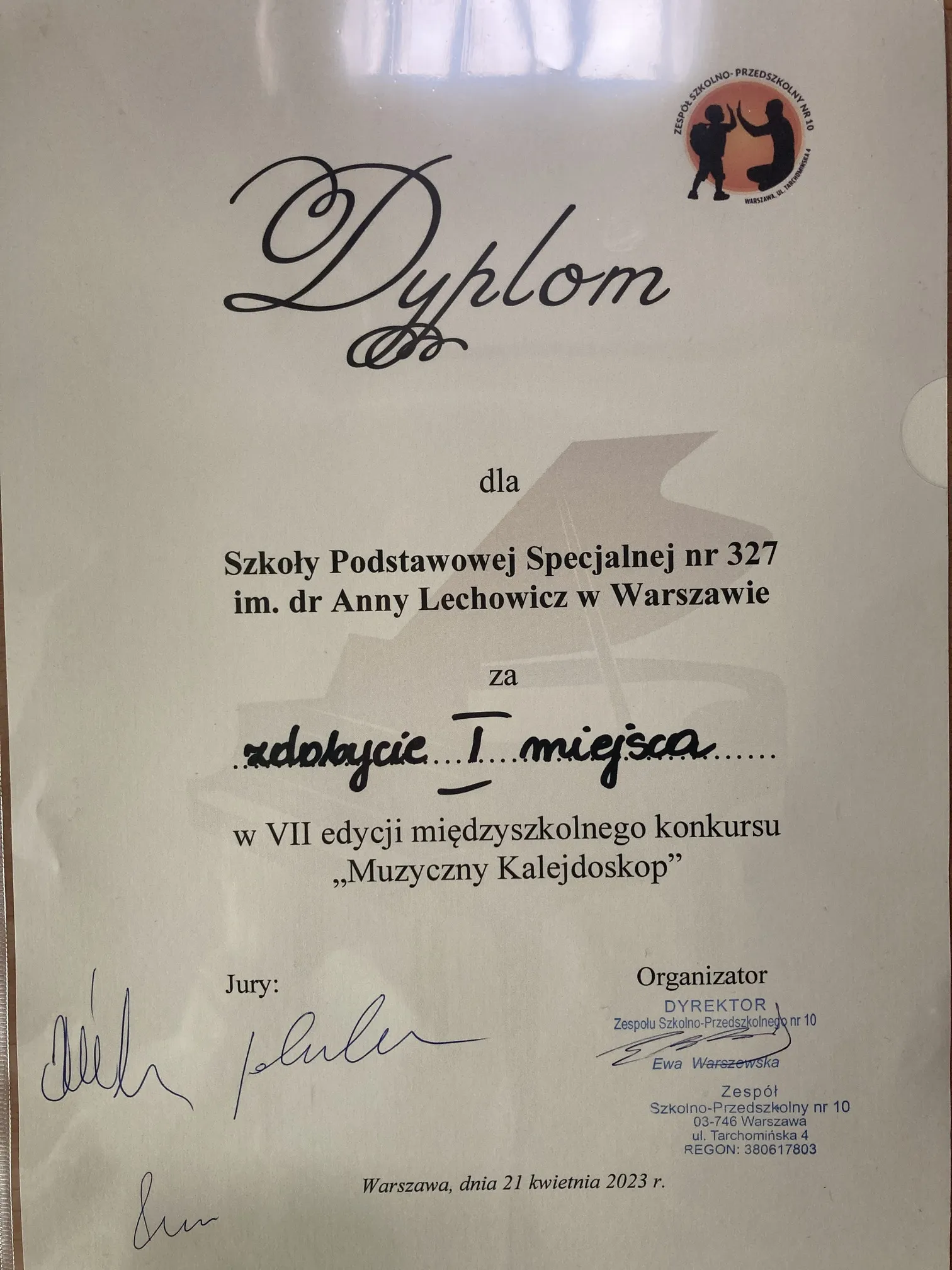 Dyplom za zajęcie pierwszego miejsca