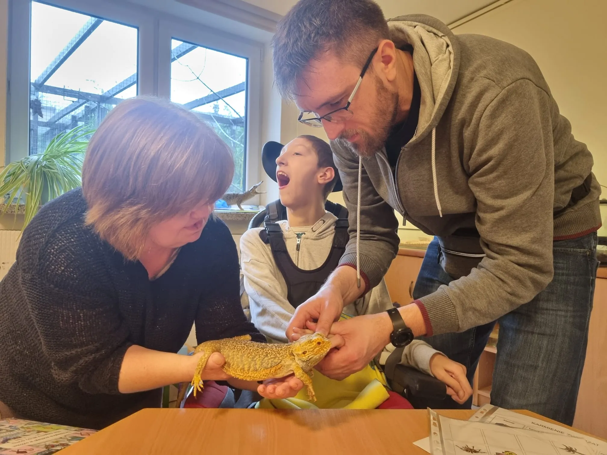 Prowadzący i wychowawca pokazują agamę uczniowi.