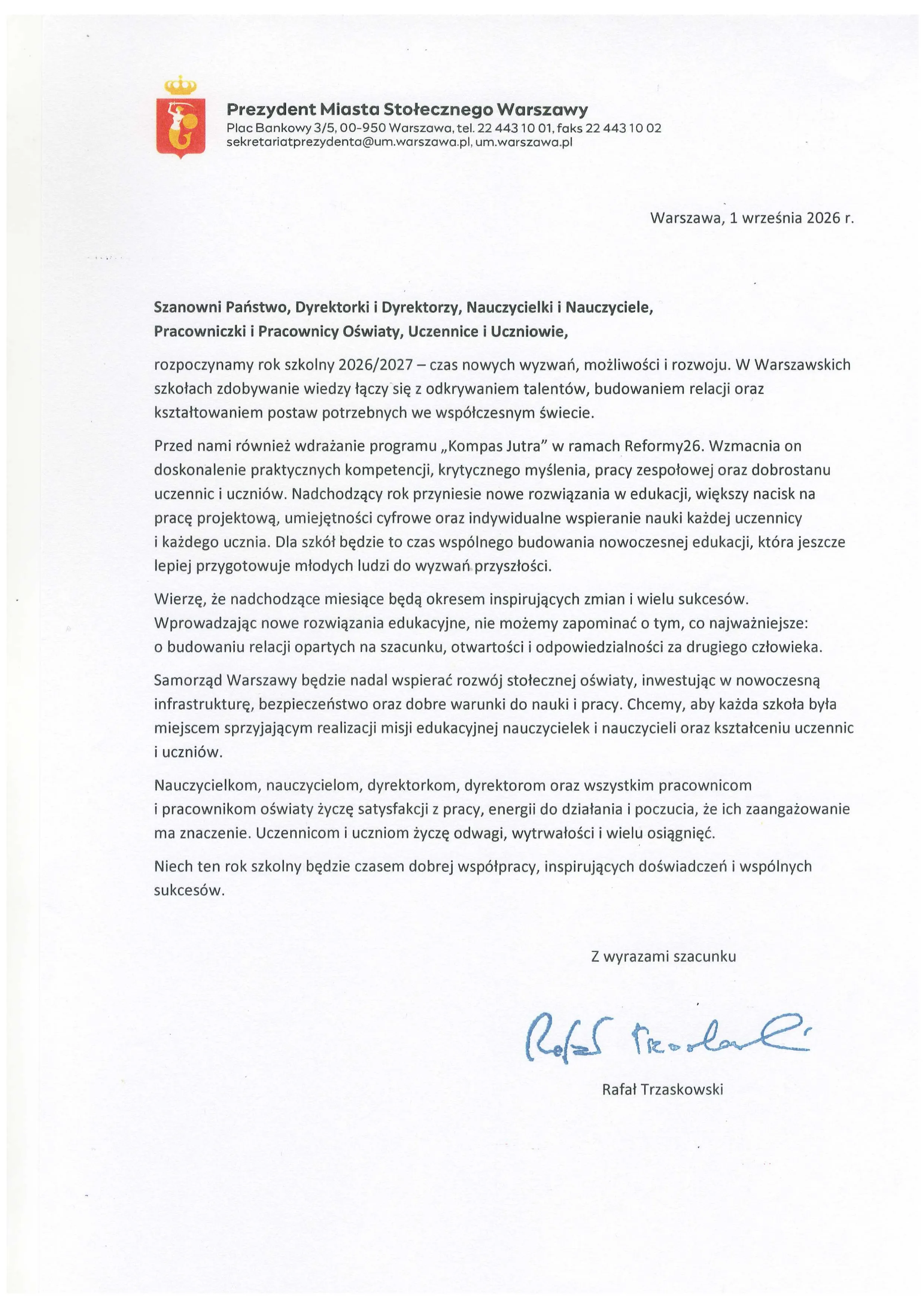 Rozpoczęcie roku szkolnego - Pismo Prezydenta Miasta Warszawy